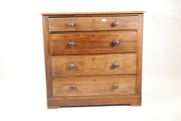 A Victorian mahogany chest of four long drawers, raised on a plinth base, 38" x 18" high