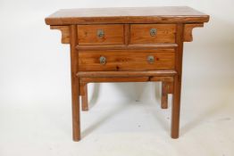 A Chinese elm side table with two short drawers over a single long drawer, 39½" x 23", 34" high