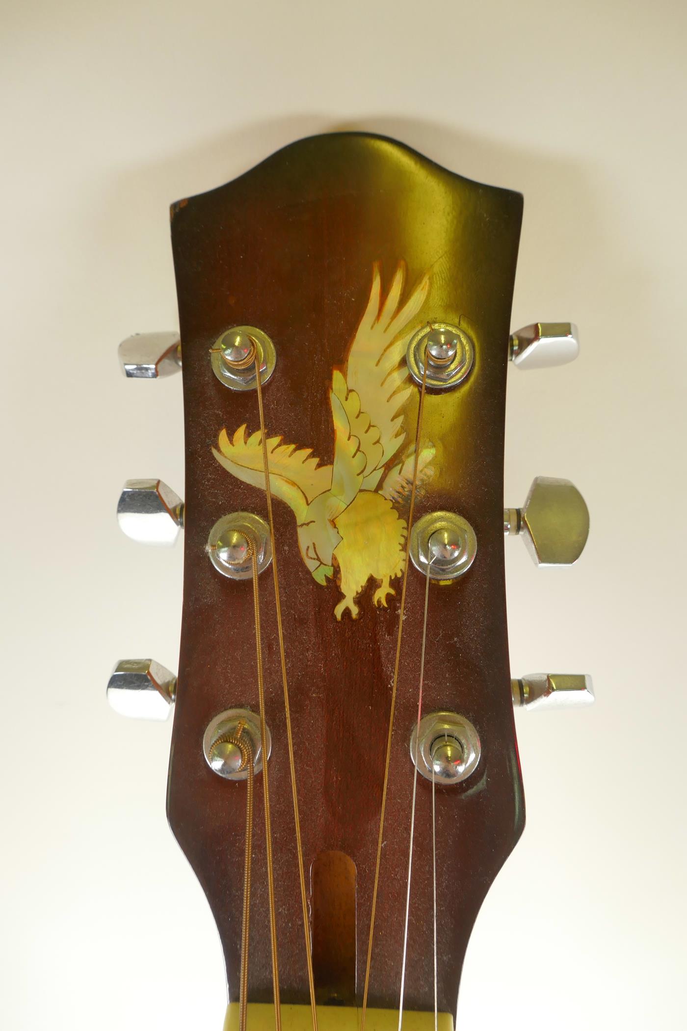 A semi acoustic Resonator 6 string guitar with mother of pearl inlay depicting a dragon and hawk, - Image 3 of 5