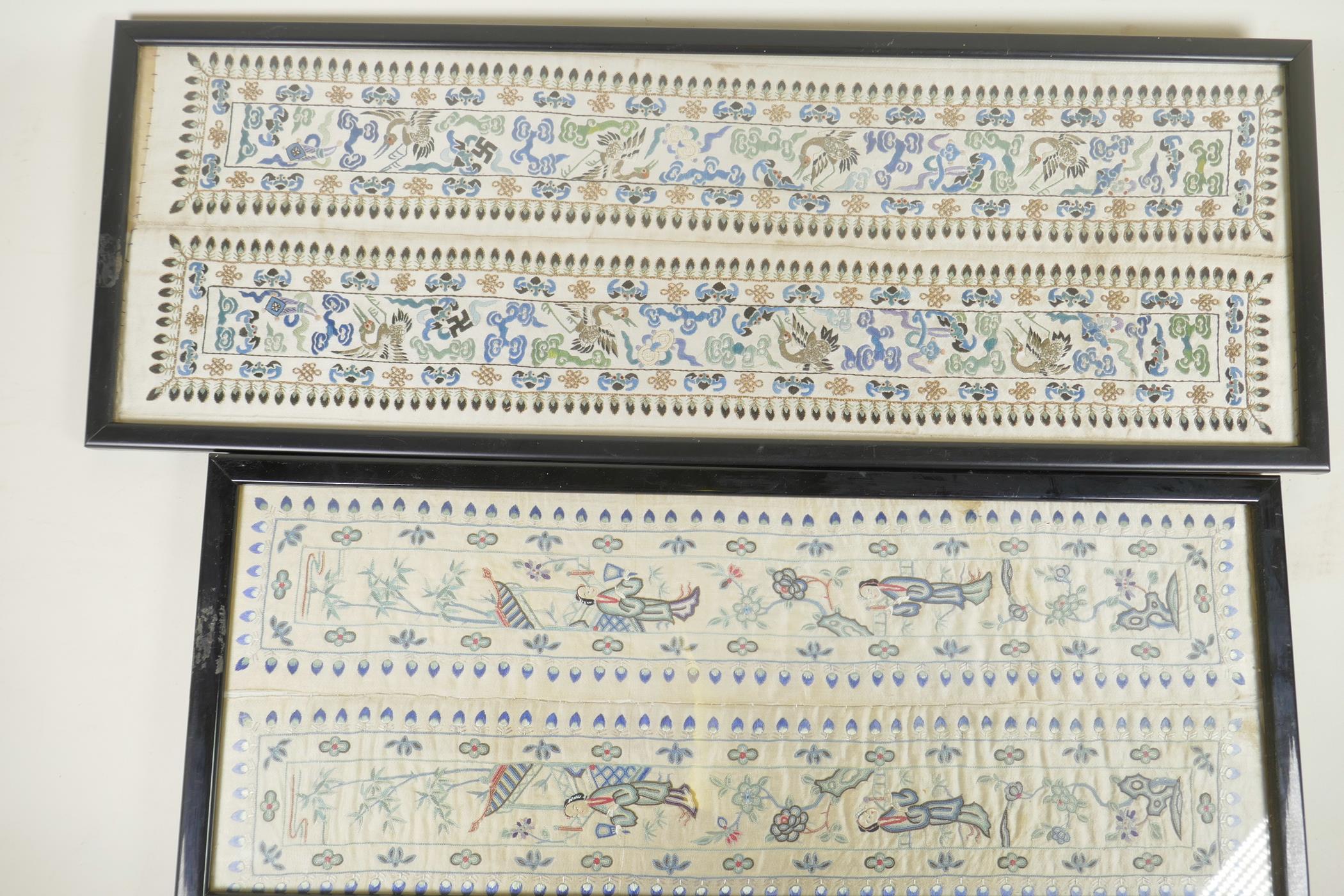 A Chinese silk embroidery depicting cranes and bats, 22" x 7½, together with a silk embroidery of