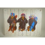 A stencil artwork on wood depicting three monkeys with snow gear, 36" x 26"