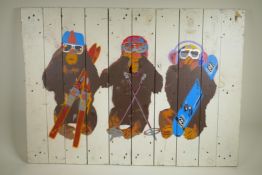 A stencil artwork on wood depicting three monkeys with snow gear, 36" x 26"