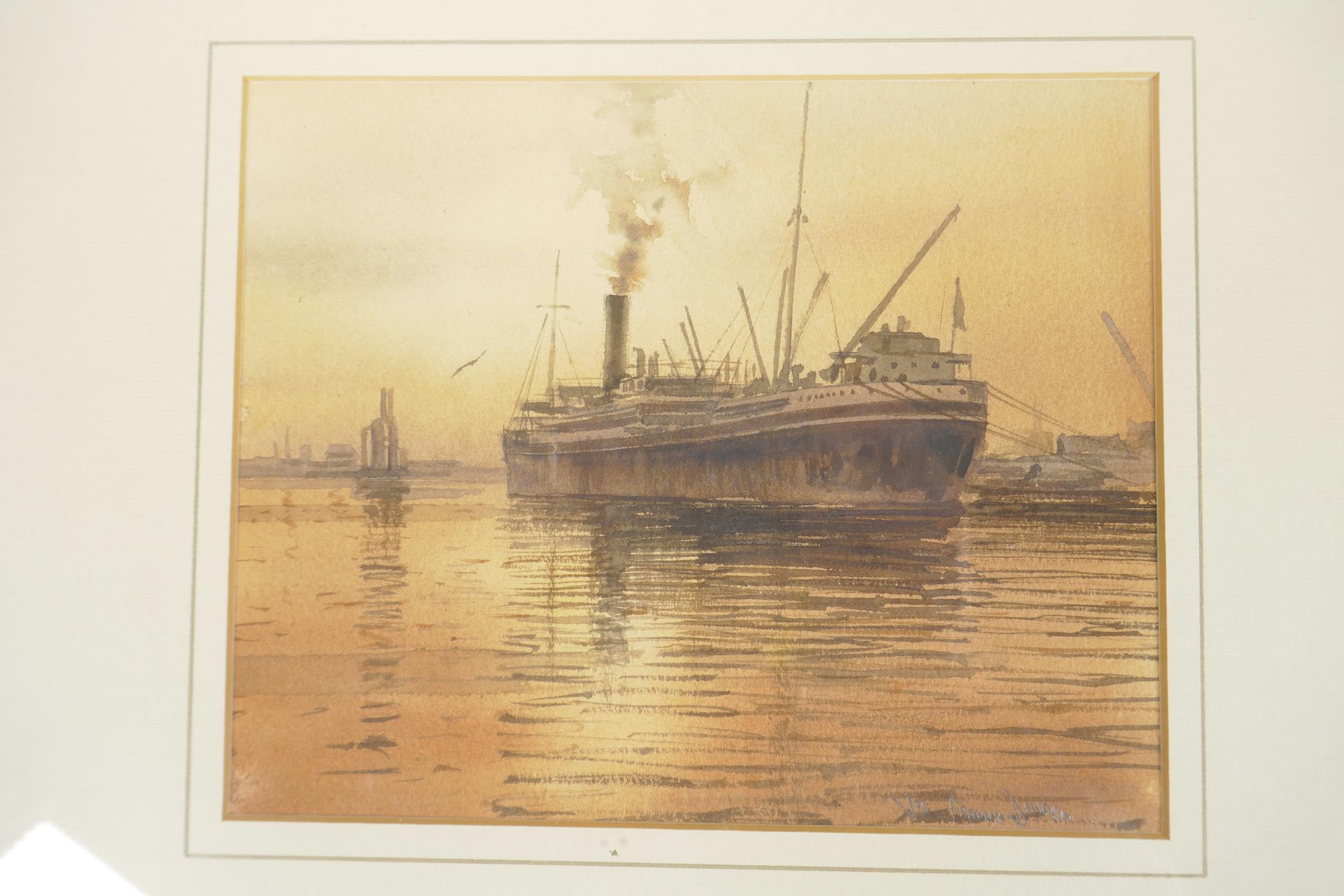 Joe Francis Dowden, freight ship preparing to leave port at sunset, signed, watercolour, 8" x 6½" - Image 2 of 4