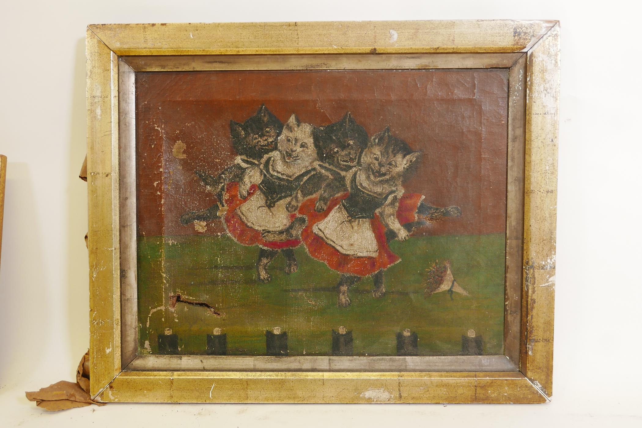 Dancing cats, in the manner of Louis Wain, oil on canvas, unsigned, late C19th/early C20th, A/F, 14"