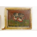 Dancing cats, in the manner of Louis Wain, oil on canvas, unsigned, late C19th/early C20th, A/F, 14"
