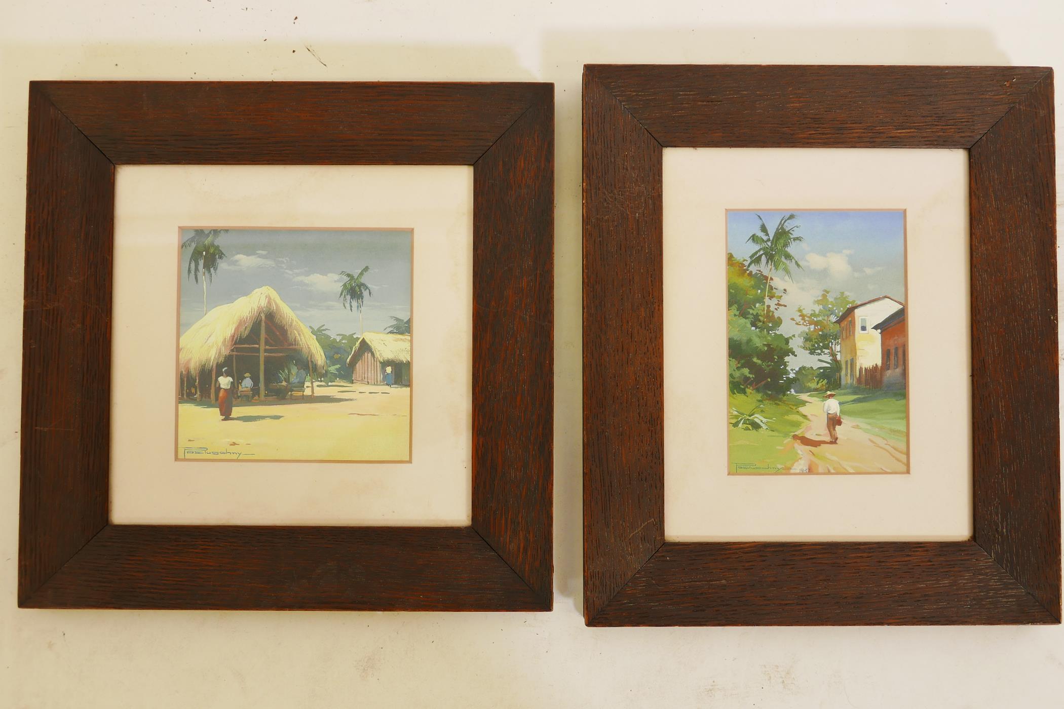 J. Posluschny (South American), a pair of gouache paintings, village scenes, signed and dated
