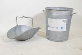 A vintage galvanised trug and a French galvanised bucket, 17" high