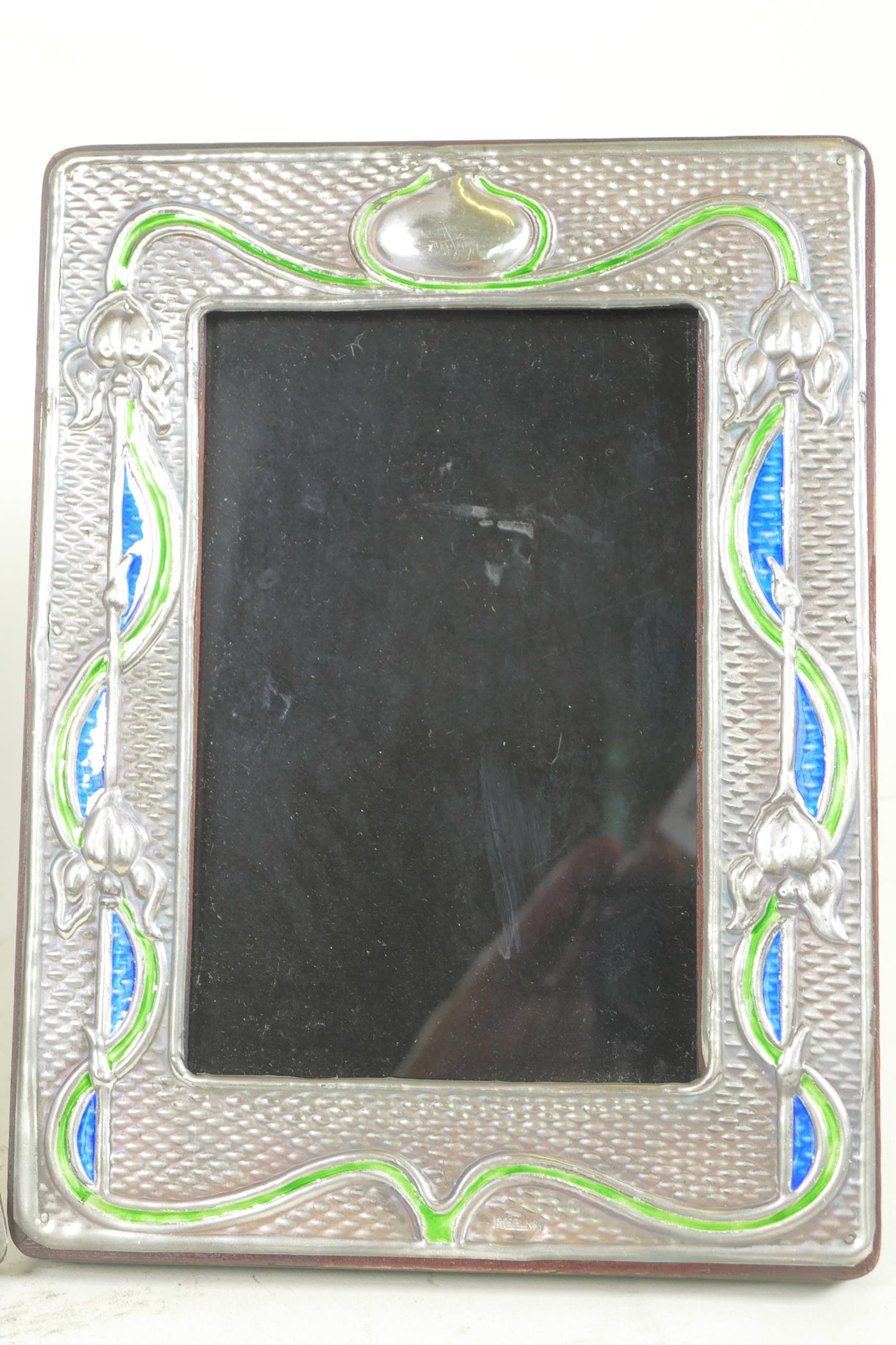 A pair of Art Nouveau style sterling silver photo frames with blue and green enamelled decoration, - Image 2 of 2