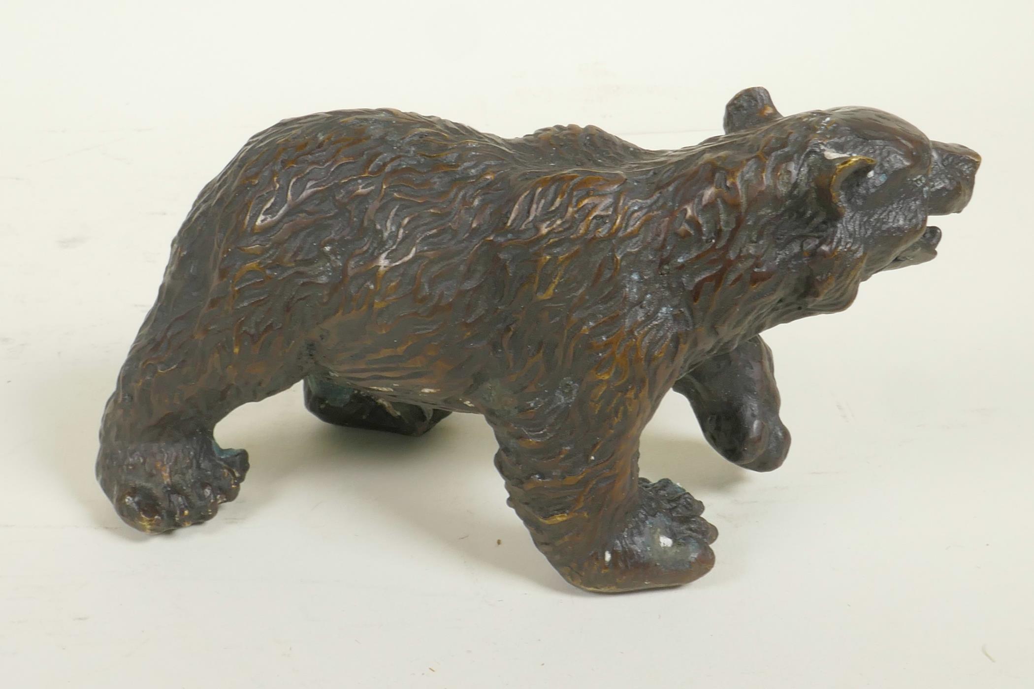 A bronze figure of a brown bear, 7" long - Image 2 of 2