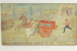 Nicolisi, the runaway cart with angelic figures upper right, allegorical oil on wooden panel, C19th,