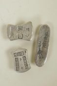 Three Chinese white metal trade tokens/ingots, largest 3½"