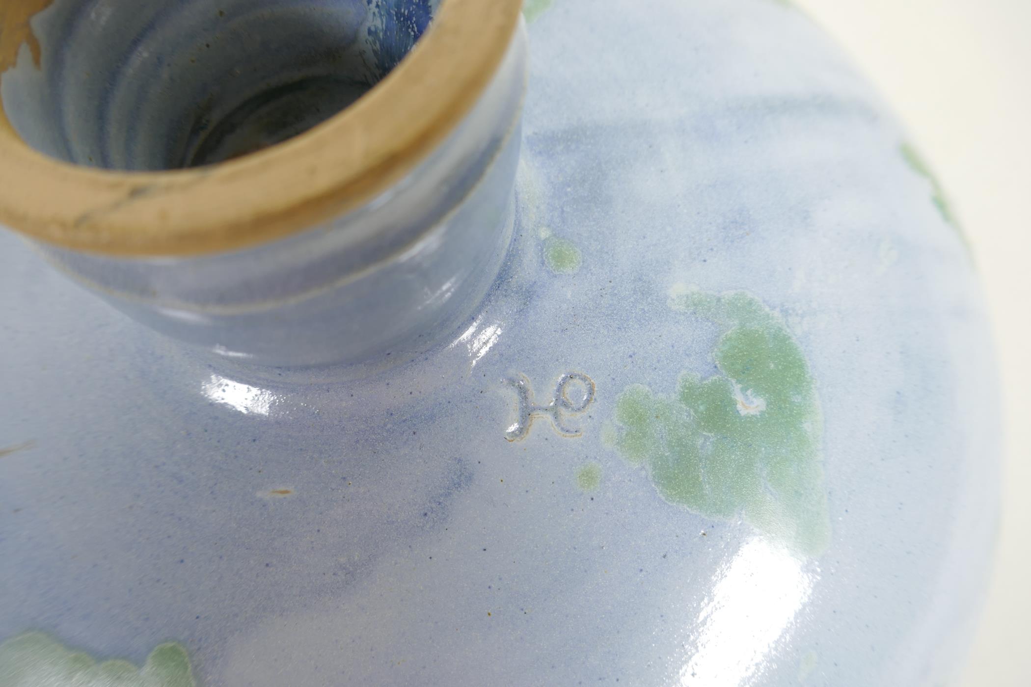 A studio pottery tazza with a splash green glaze, 10" diameter, together with other studio - Image 4 of 8