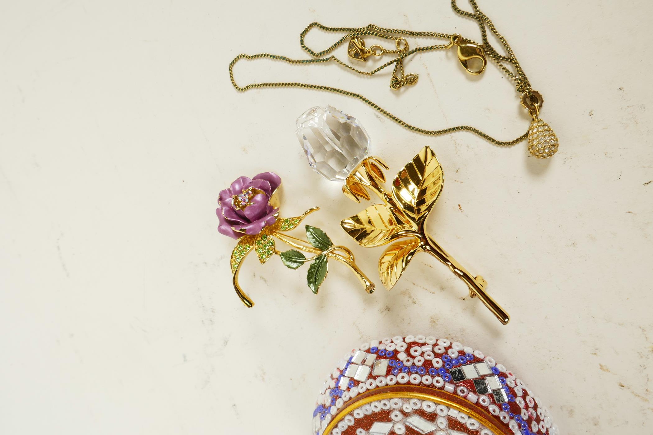 Two Swarovski 'Rose' crystal and gilt flower brooches, a Swarovski pendant, and a micro-mosaic - Image 4 of 5