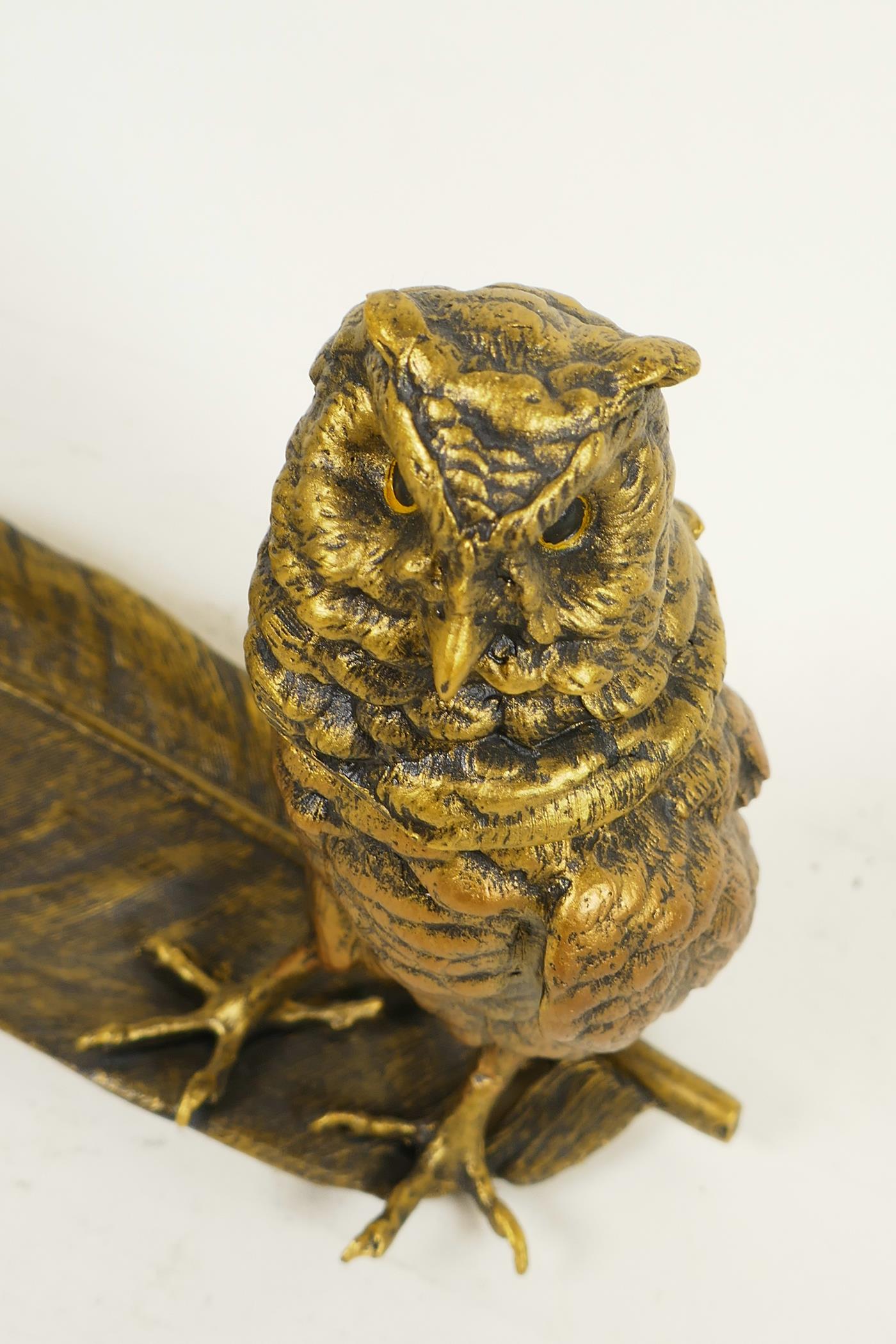 A bronze pen tray and inkwell cast as an owl standing on a large feather, 13½" long - Image 2 of 3