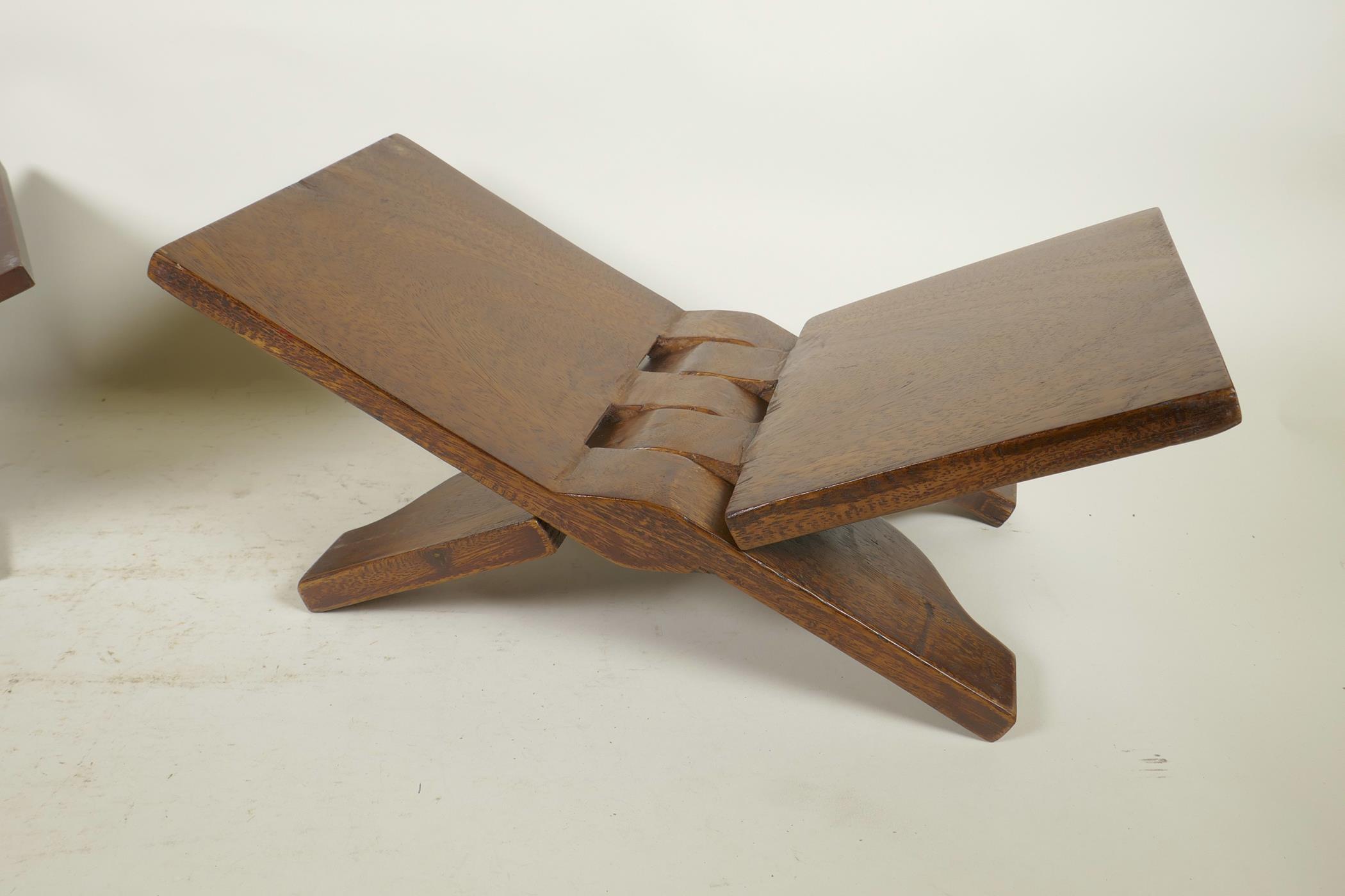 An Indian carved hardwood book rest and another, together with an Indian turned and carved wood - Image 3 of 5