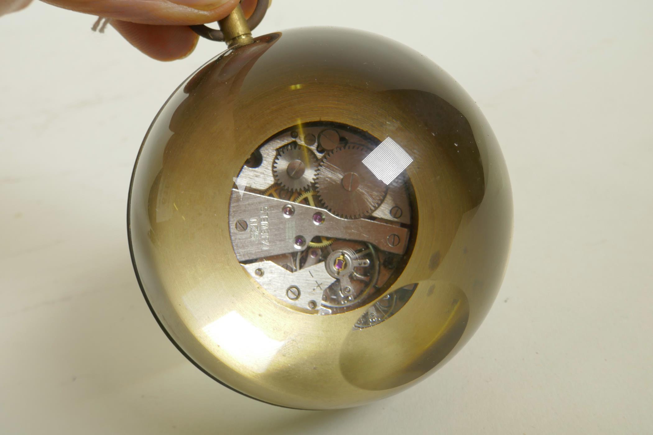 A glass ball desk, brass bound, clock, 3" diameter - Image 3 of 3