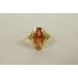 An untested 18ct yellow gold Art Deco style ring set with a synthetic orange sapphire, approximate