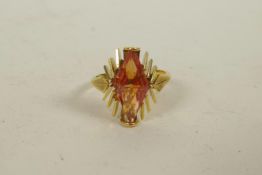 An untested 18ct yellow gold Art Deco style ring set with a synthetic orange sapphire, approximate