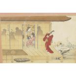 A Japanese colour print, figures on a terrace, signed 12" x 9"