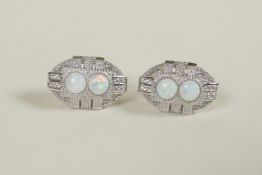 A pair of silver Art Deco style earrings set with opalites and cubic zirconium