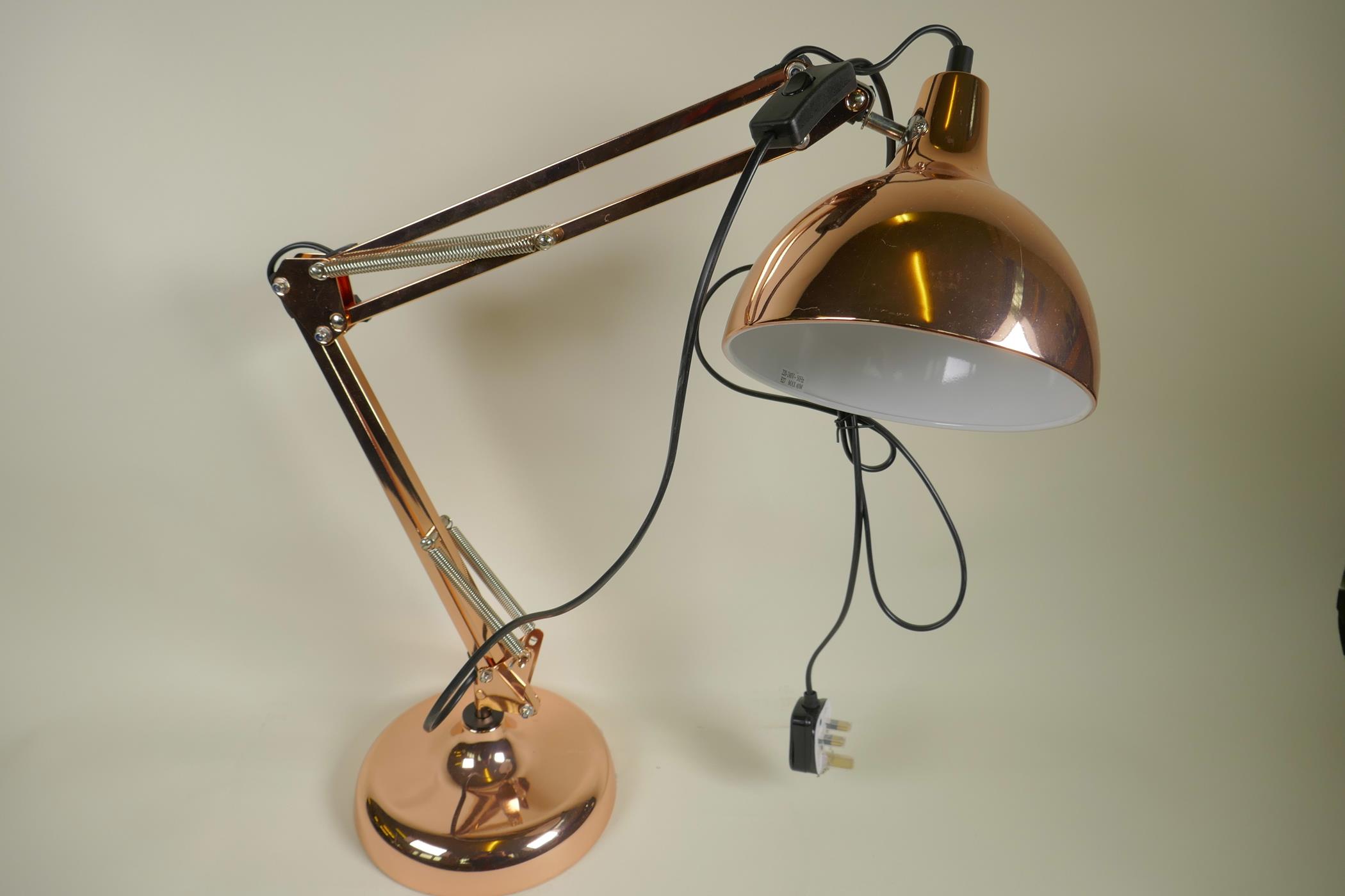 A copper plated Anglepoise style lamp, 26"