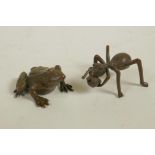 A Japanese Jizai style bronze incense stick holder in the form of an ant, and another of a frog,