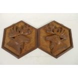 A pair of carved wood wall plaques of stag heads on hexagonal frames, 8"