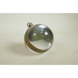 A glass ball desk, brass bound, clock, 3" diameter