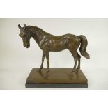 A bronze figure of a horse after Mene on a bronze and marble plinth, 12" high