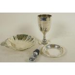 A hallmarked silver trophy cup and pin tray, gross 123g, together with a shell shaped silver