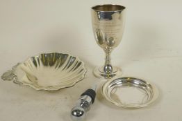 A hallmarked silver trophy cup and pin tray, gross 123g, together with a shell shaped silver