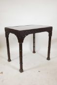 A Chinese, Chippendale style mahogany silver table, with blind fret frieze and pierced brackets,