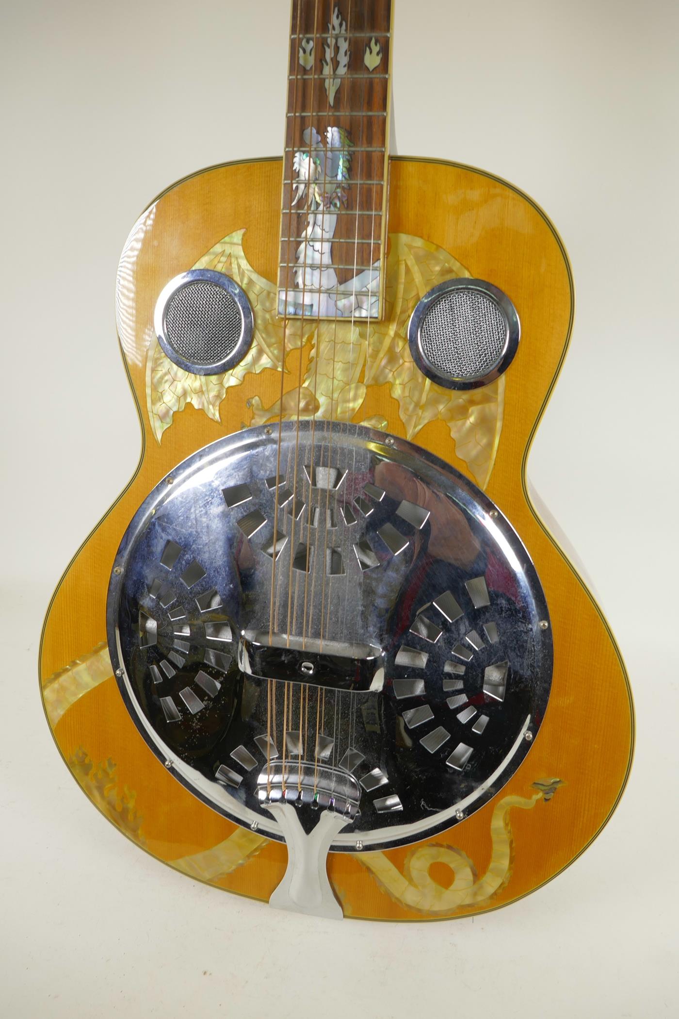 A semi acoustic Resonator 6 string guitar with mother of pearl inlay depicting a dragon and hawk, - Image 2 of 5