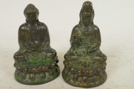 Two Chinese bronze figures of Buddha and Quan Yin meditating on lotus thrones, 3½" high