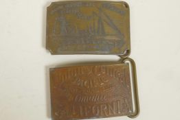 Two Tiffany style brass belt buckles, 2½" x 3¾"