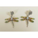 A pair of 925 silver and plique a jour dragonfly earrings, 1"