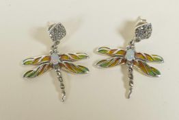 A pair of 925 silver and plique a jour dragonfly earrings, 1"