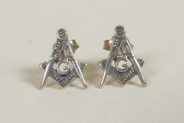 A pair of 925 silver stud earrings with Masonic insignia decoration