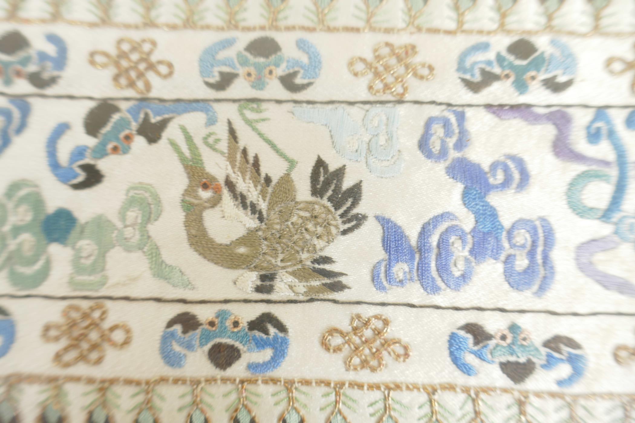 A Chinese silk embroidery depicting cranes and bats, 22" x 7½, together with a silk embroidery of - Image 5 of 5