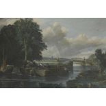 After John Constable, View on the River Stour near Dedham, antique engraving, details on label