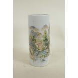 A Chinese Republic porcelain cylinder vase with famille verte decoration depicting a mountain