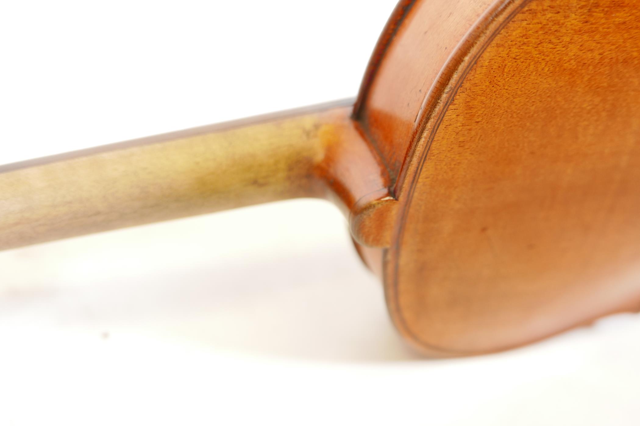 A late C19th/early C20th violin in ebonised wood case, no label, one piece back, split to front, and - Image 7 of 9