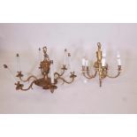 A brass six branch chandelier, together with another five branch chandelier, largest 26" diameter