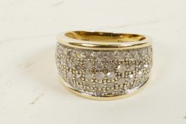 A 9ct gold dress ring set with multiple small diamonds (1ct total), size 'N'