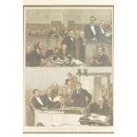 A hand coloured C19th engraving showing 'The prosecution of Doctor Slade the Spirit Medium', 9½" x