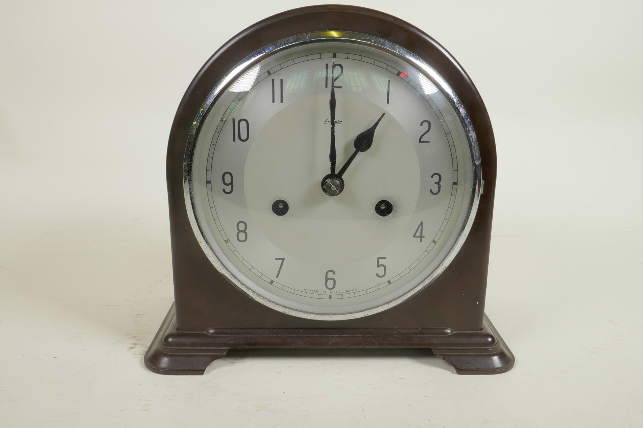 A mid C20th Smith's Enfield chiming mantel clock, dark wood effect bakelite casing and silver - Image 5 of 7