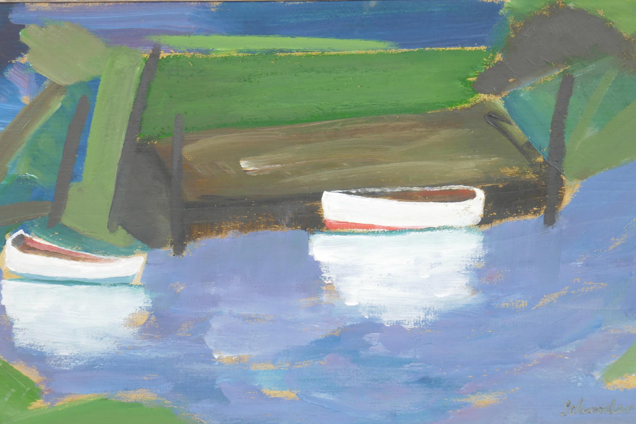 Boats near a jetty, signed 'Schroder', oil on board, 10" x 18
