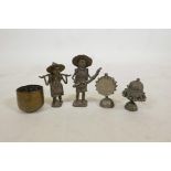 Two Oriental naive bronze figures, together with two Tibetan white metal vessels and a small