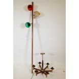 A vintage teak and brass six branch pendant ceiling light, 21" high, and three spotlights, one shade