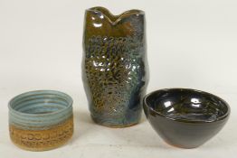 A small Broadstairs Pottery vase by Diane Sanders, 3½" diameter, together with a high fired studio